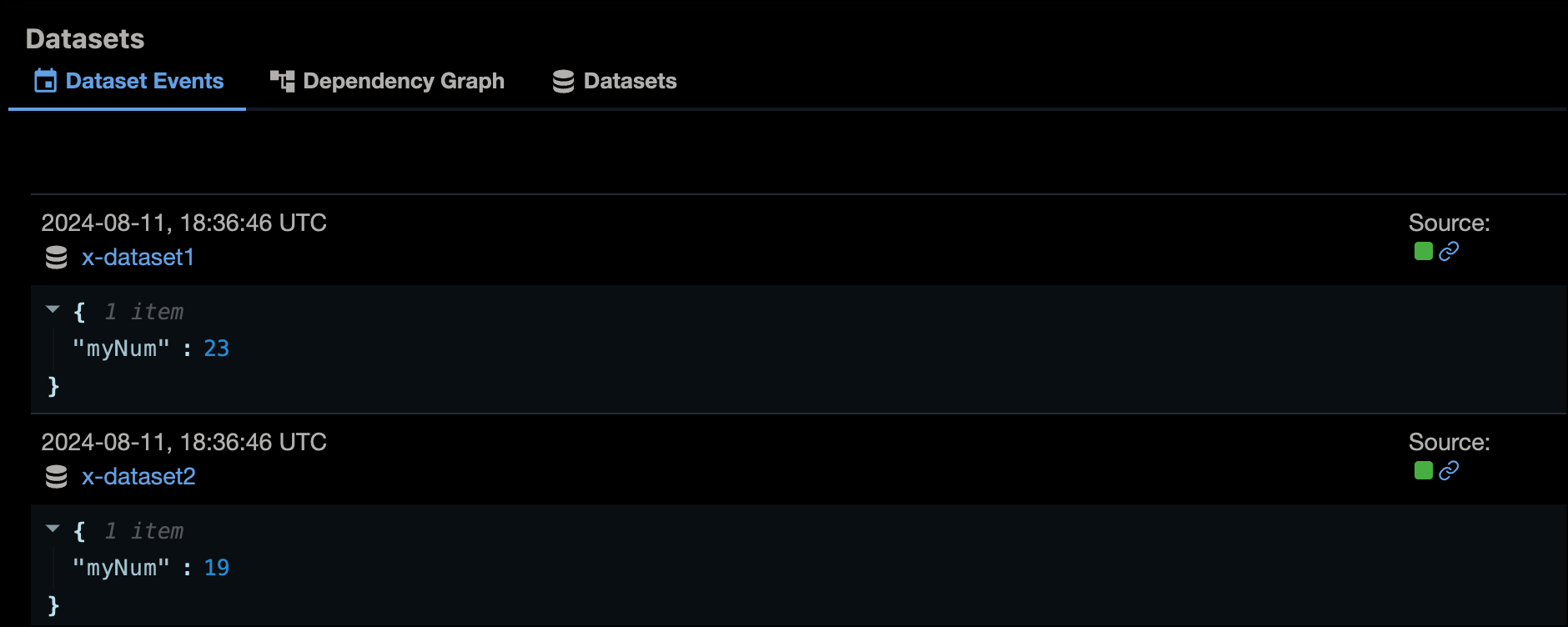 Screenshot of the Dataset Events list under the Datasets tab in the Airflow UI showing two datasets with one extra each