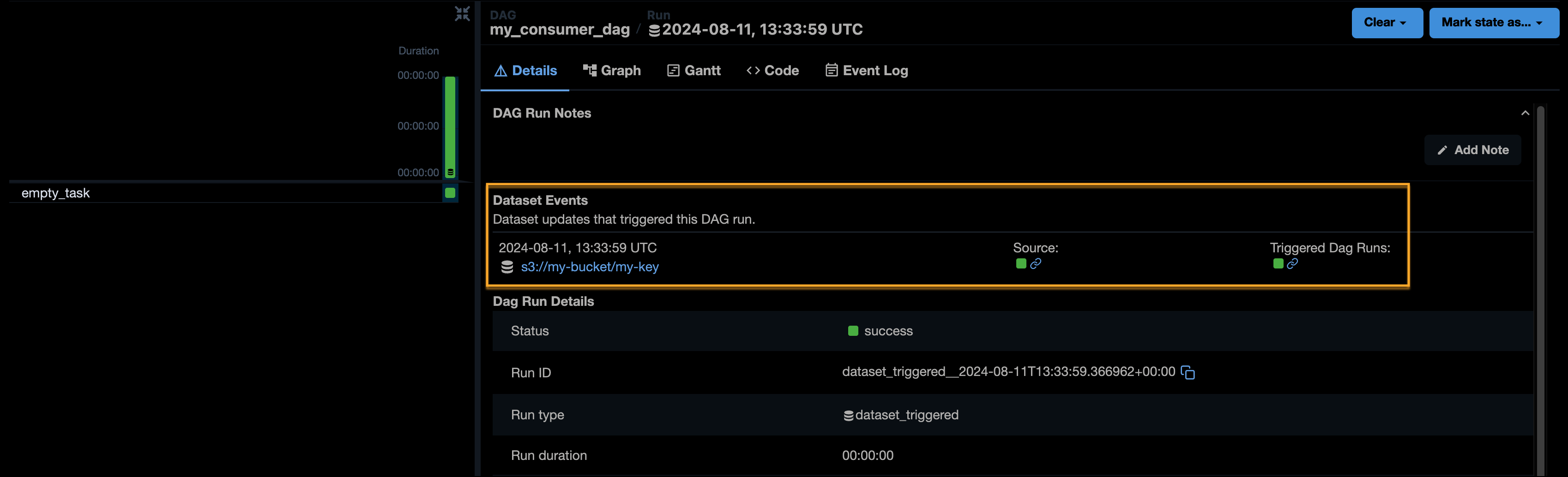 Screenshot of the Details tab of the DAG run of the my_consumer_dag showing one Dataset event of the s3://my-bucket/my-key/