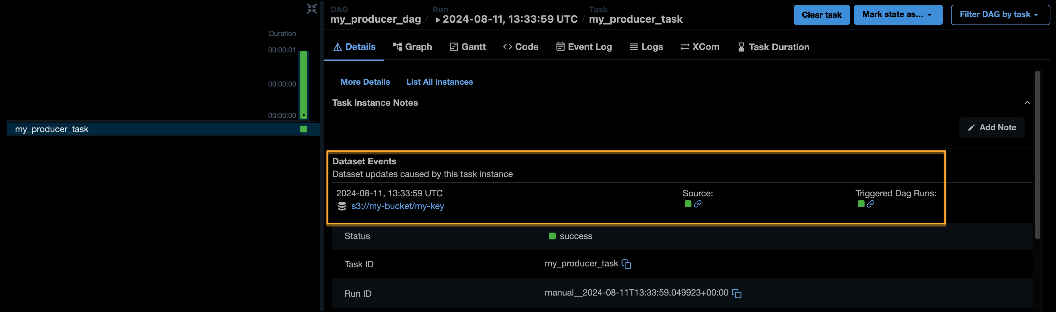 Screenshot of the Details tab of the my_producer_task showing one Dataset event of the s3://my-bucket/my-key/ with one Triggered Dag Run