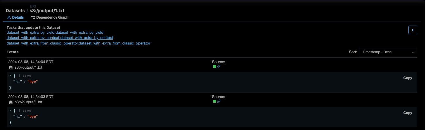 Screenshot of the Datasets tab of the Airflow UI showing several datasets and DAGs.