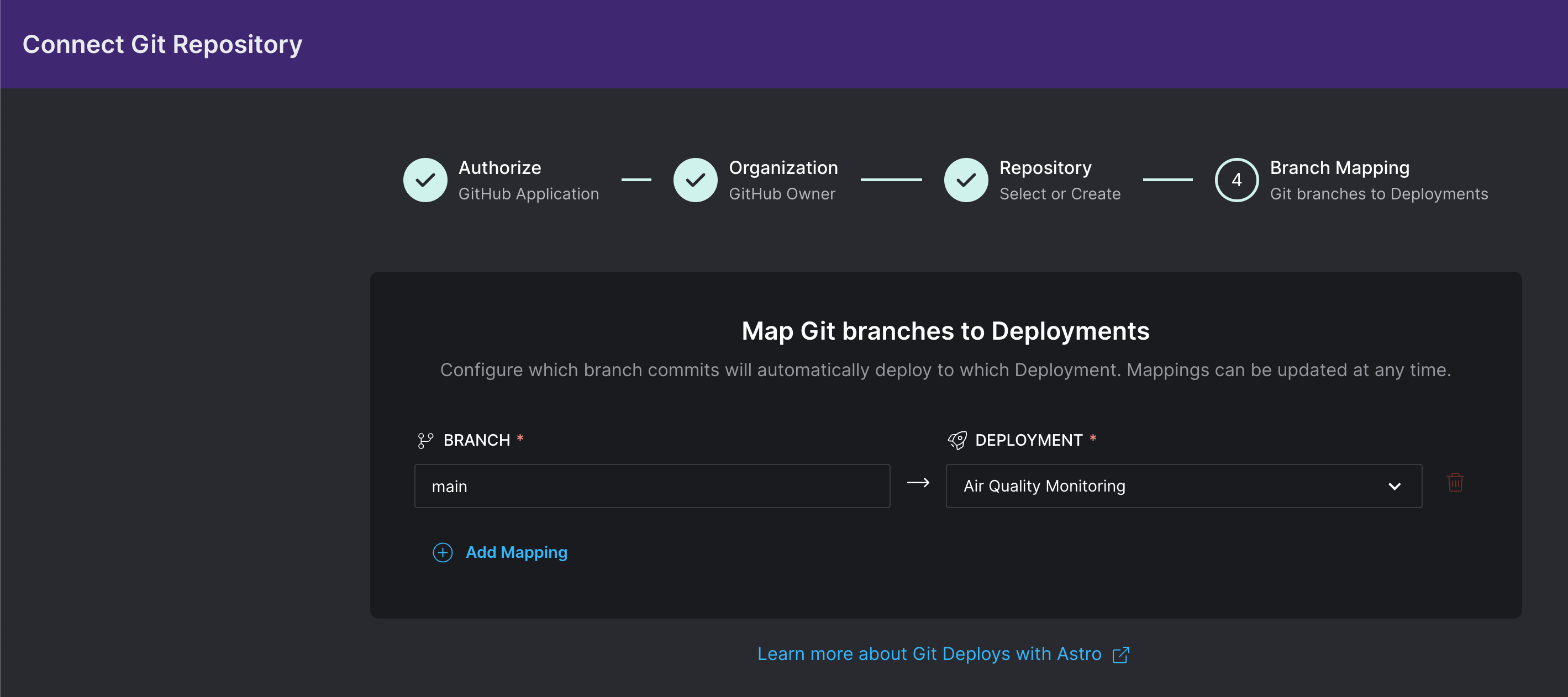 Map the main branch to the new Deployment.