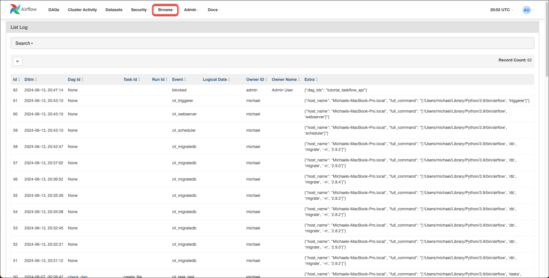 Audit Logs List View in the Airflow UI