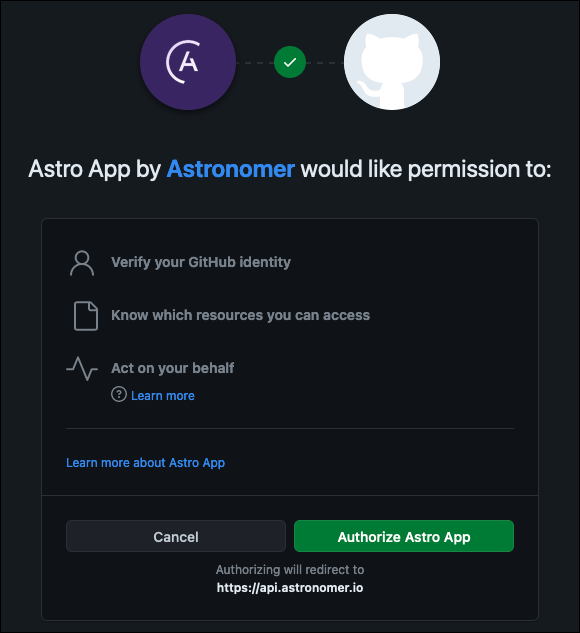 The GitHub authorization screen for connecting a repository to GitHub. GitHub requests for the Astro App to have some of the permissions of your GitHub account