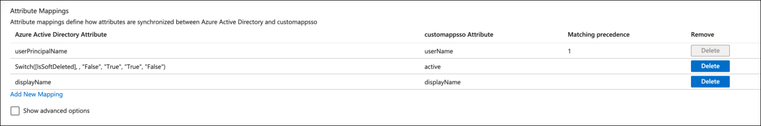 Azure user mappings with only the correct 3 attributes listed