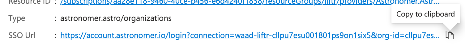 The Azure SSO URL and the &#39;copy to clipboard&#39; button
