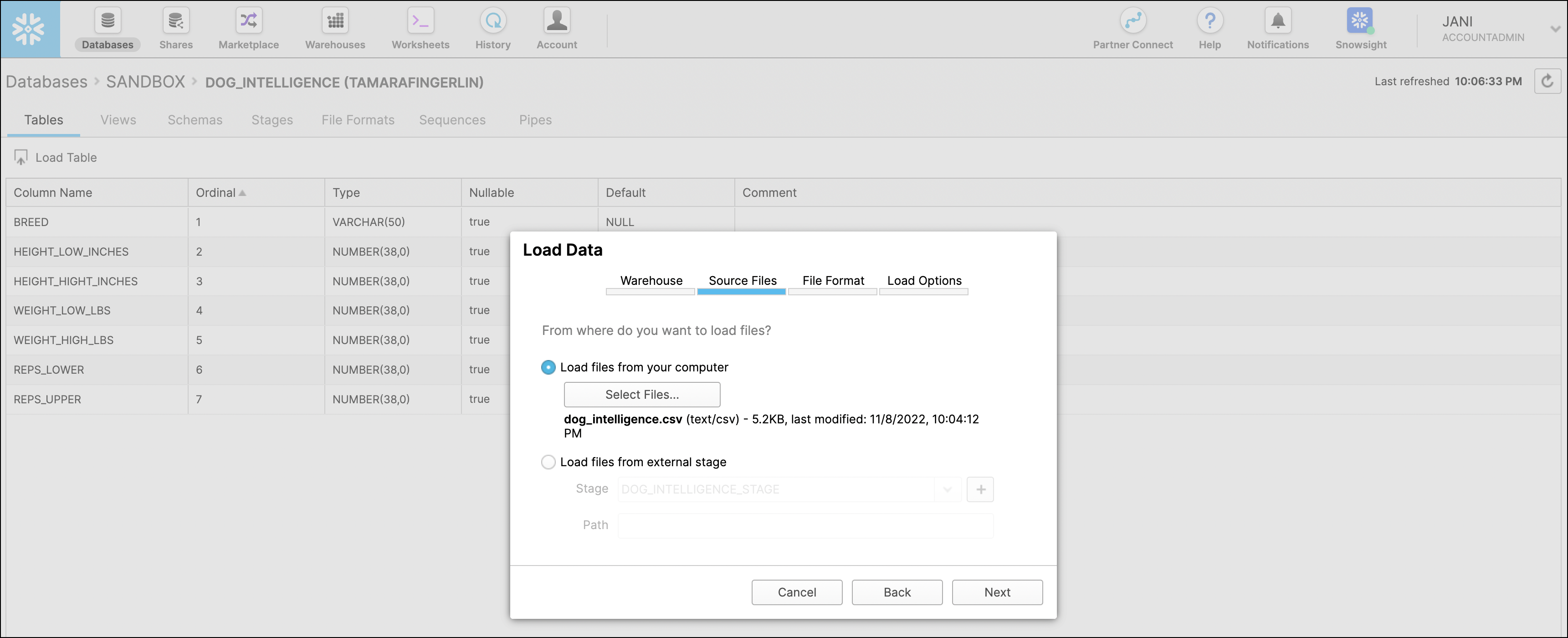 Screenshot of the Snowflake UI showing the CSV loading dialogue.