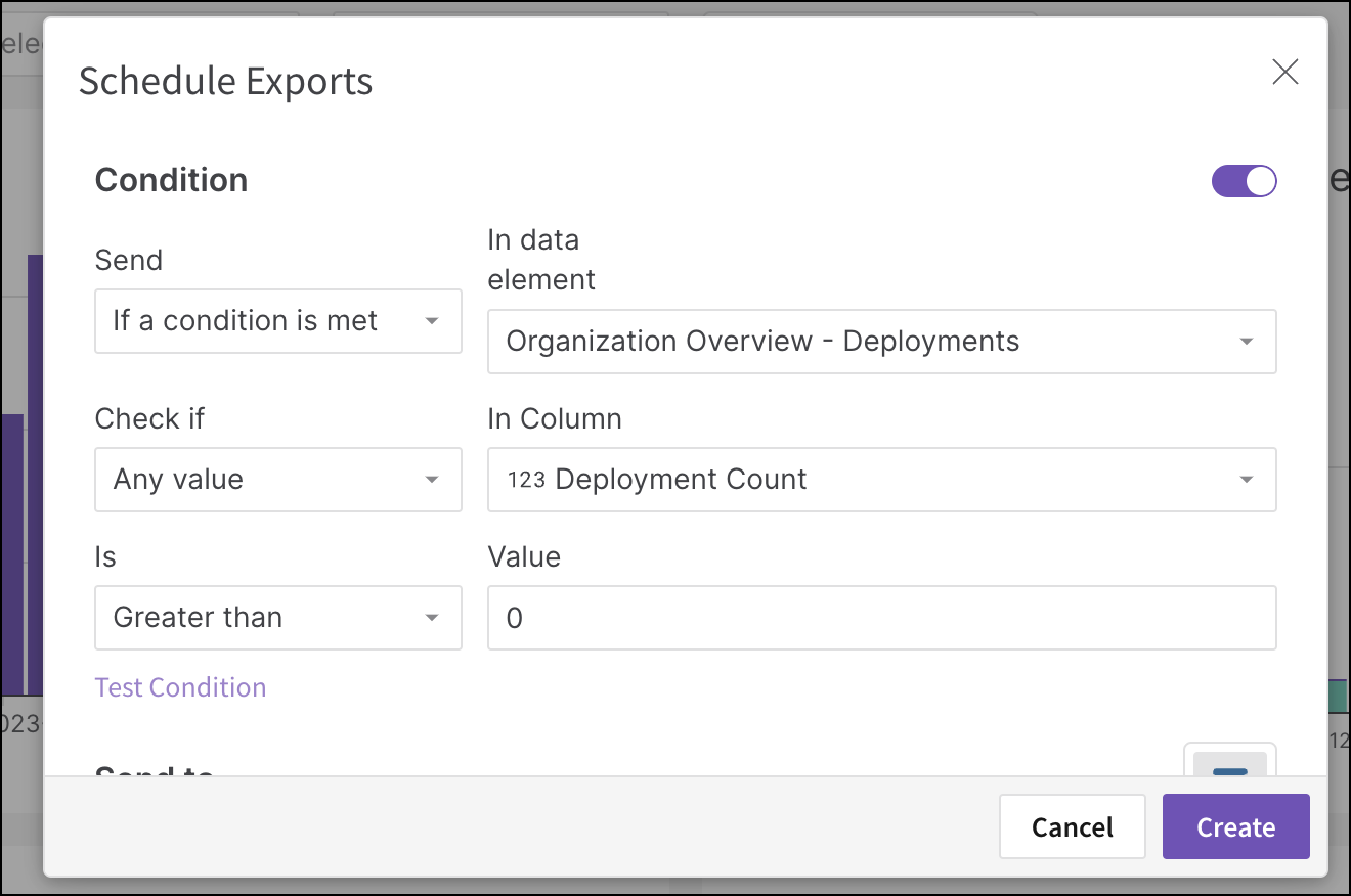 Configure the conditions that trigger the dashboard to send you a data report for a particular dashboard element.