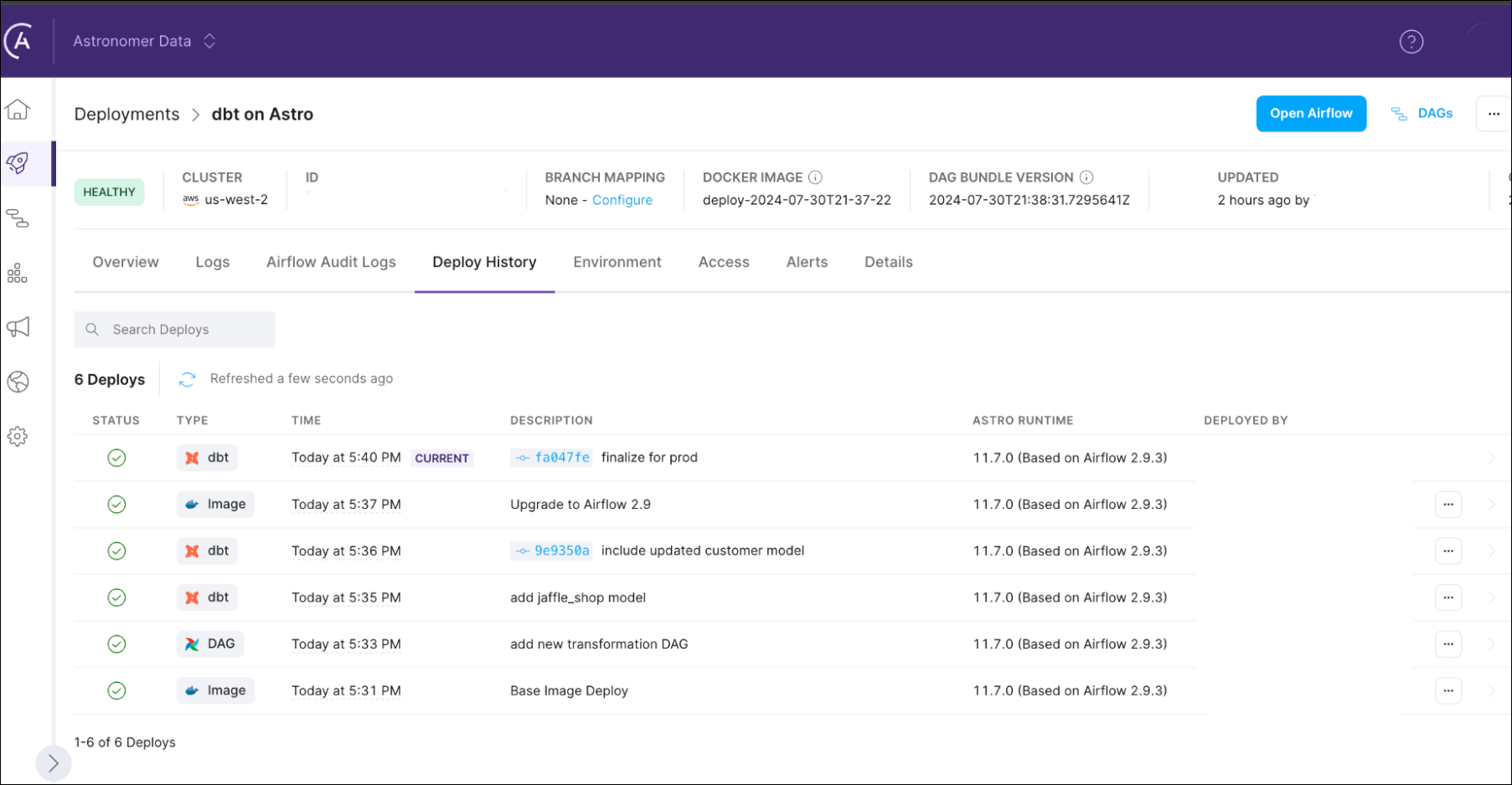 Astro UI with dbt Deploys