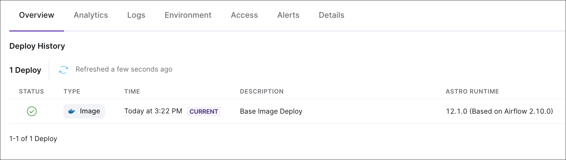 View of the Overview tab in the Astro UI, with one deploy entry