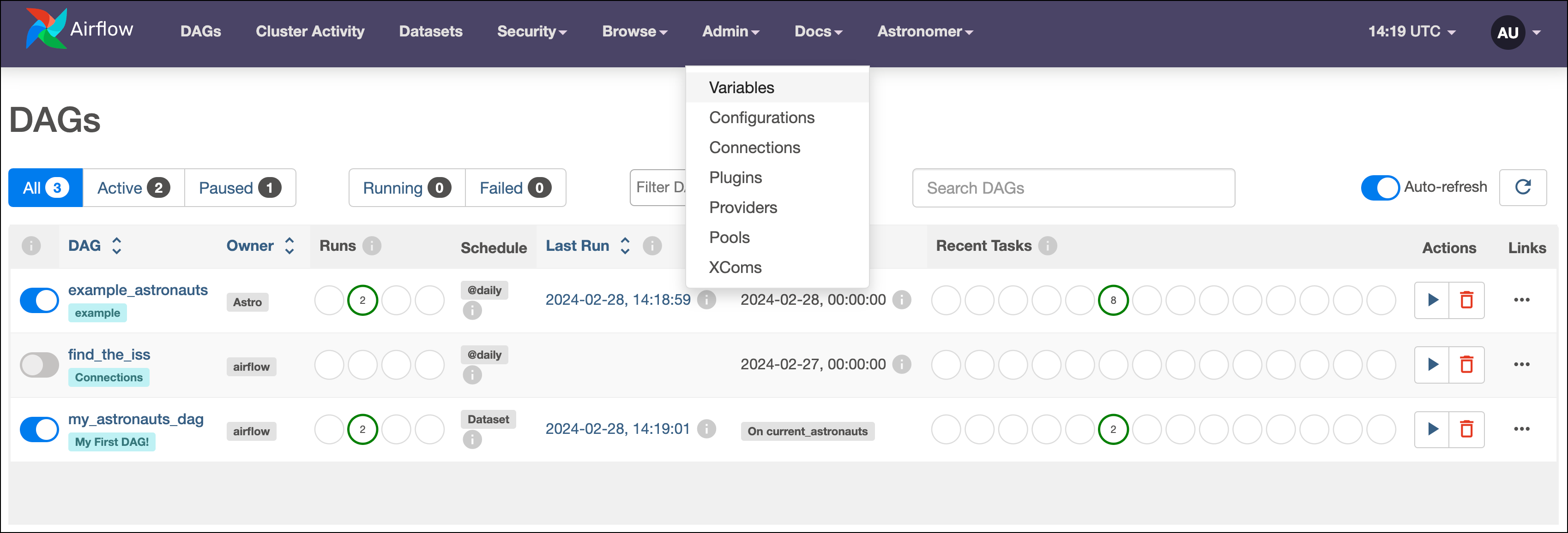 Screenshot of the Airflow UI with the Admin tab menu expanded to show the Variables option.