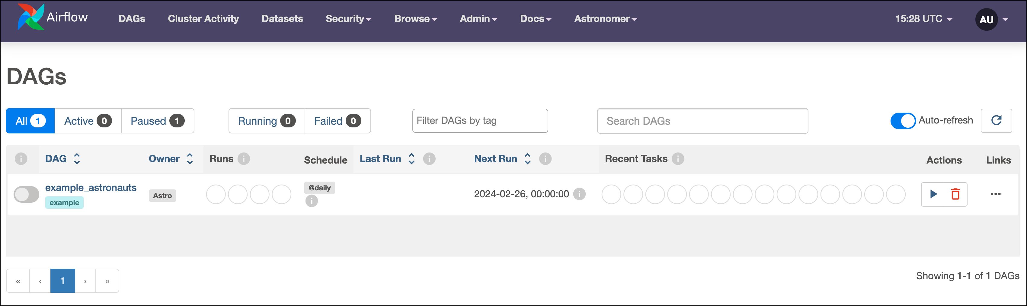 Screenshot of the DAGs page of the Airflow UI showing the example_astronauts DAG with no run history yet.