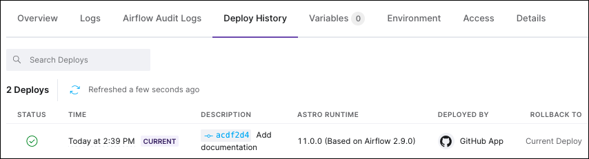 The deploy history screen in the Astro UI with a GitHub deploy listed. The entry includes the commit that triggered the deploy and shows it was triggered by &quot;GitHub App&quot;