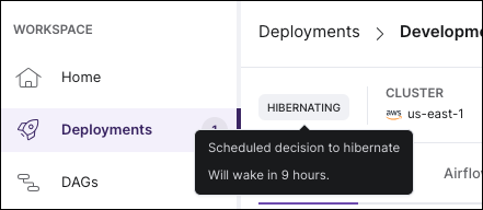 A Deployment with a Hibernating status on the Deployments page of the Astro UI