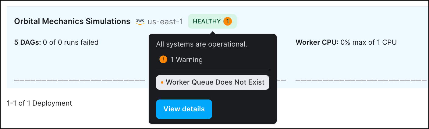 A Deployment Health incident message appearing after a user hovers over the Deployment health status
