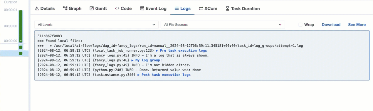 Gif showing collapsing and expanding of the 2 default task log groups and the custom My log group! group in the Airflow UI