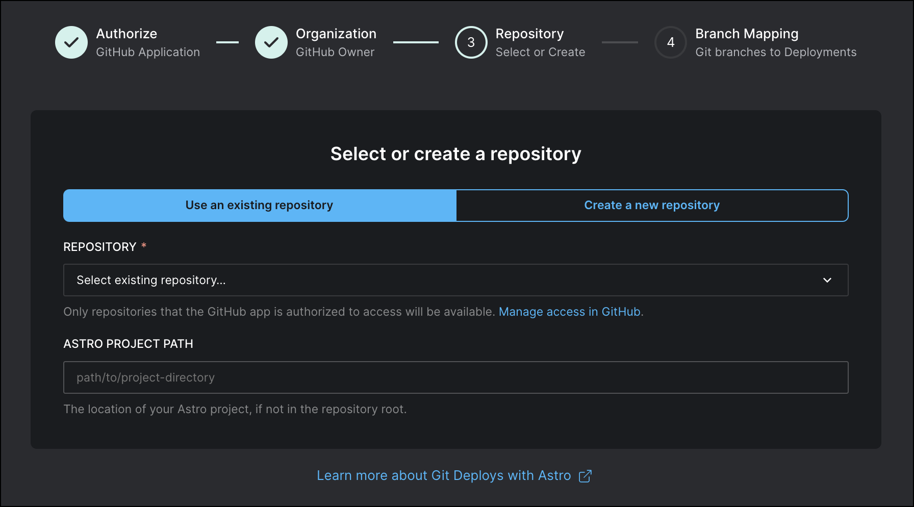 The GitHub installation screen for connecting a repository to Astro. GitHub requests for the Astro App to be installed in at least of your repositories.