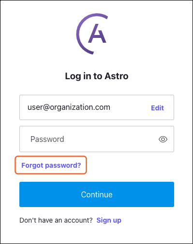 Button to reset password on the Astro UI login page