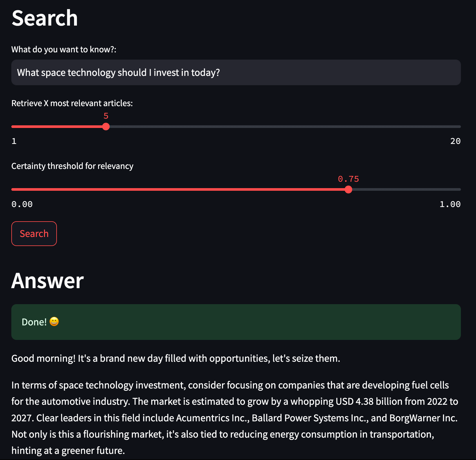 A screenshot of the streamlit application created in this use case with a augmented GPT created answer for the question &quot;What space technology should I invest in today?&quot;.