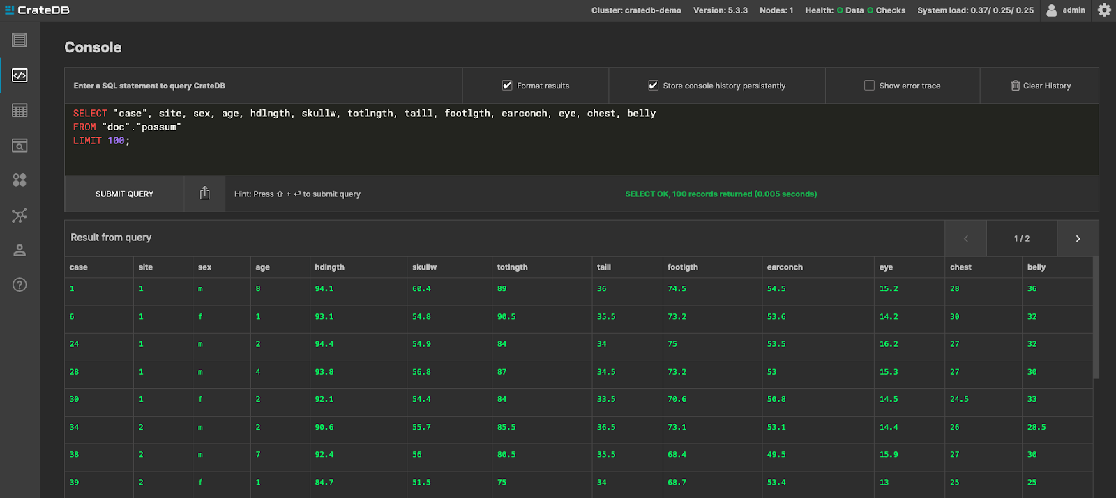 The possum table shown in the CrateDB Admin UI