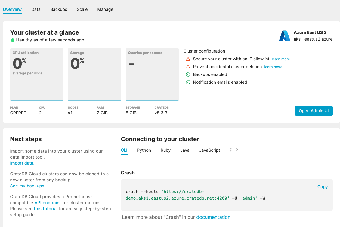 CrateDB cluster overview