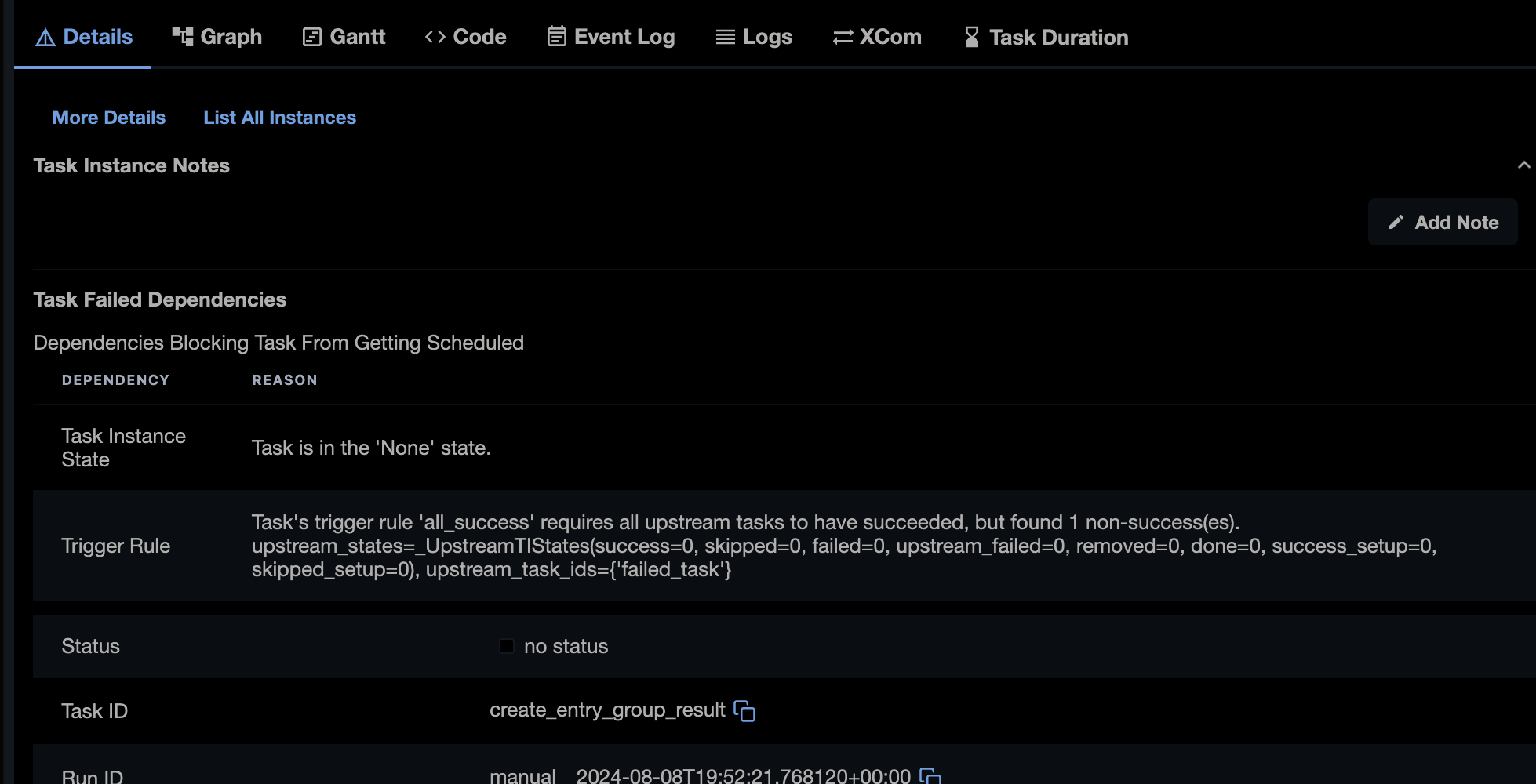 Screenshot of Apache Airflow 2.10 showing the Details tab of task failed dependencies.