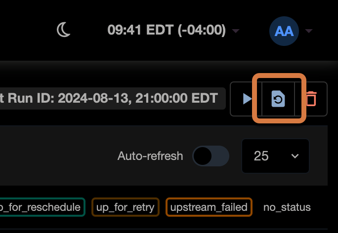 Apache Airflow 2.10 screenshot showing the new reparse DAGs on demand button, now available with the new DAG reparsing API endpoint.