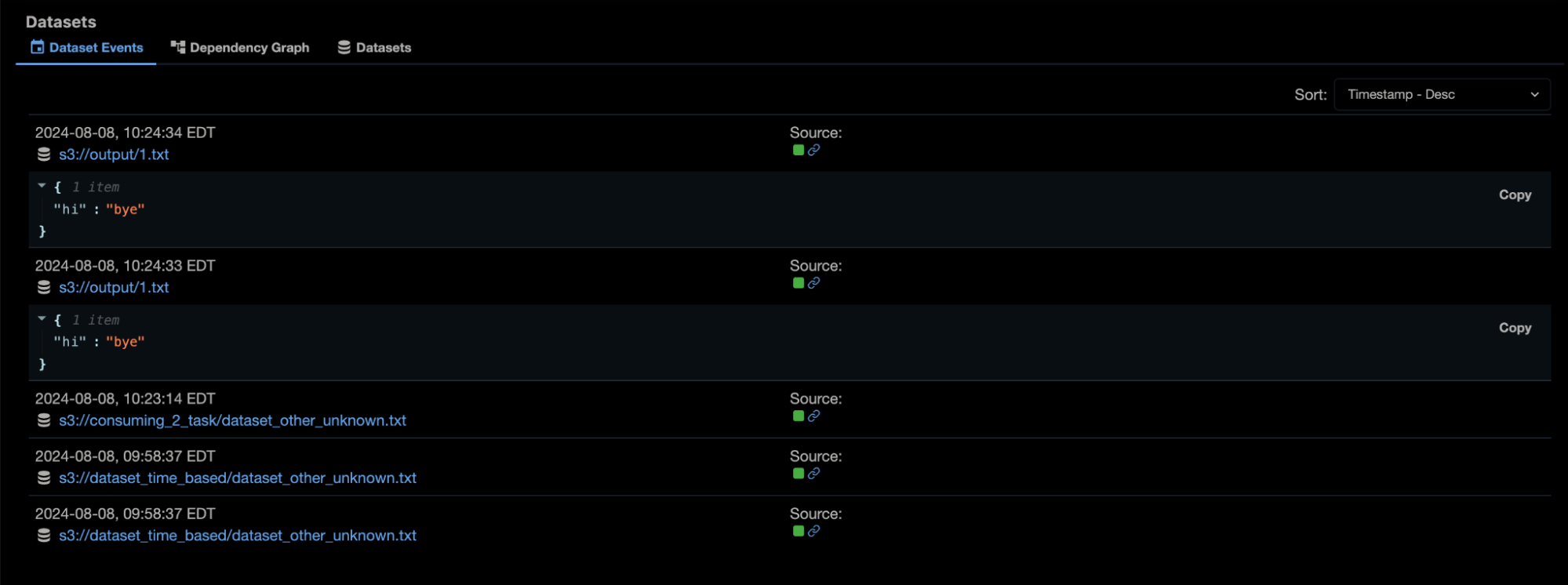 A refreshed datasets page in Airflow 2.10 with a focus on dataset events.