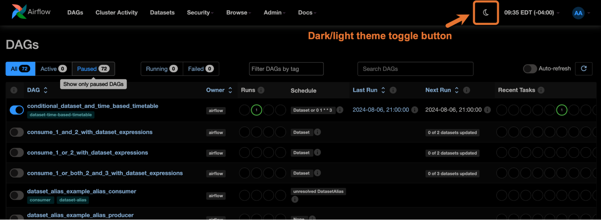 Screenshot of Apache Airflow 2.10 showing the new dark/light theme toggle button.