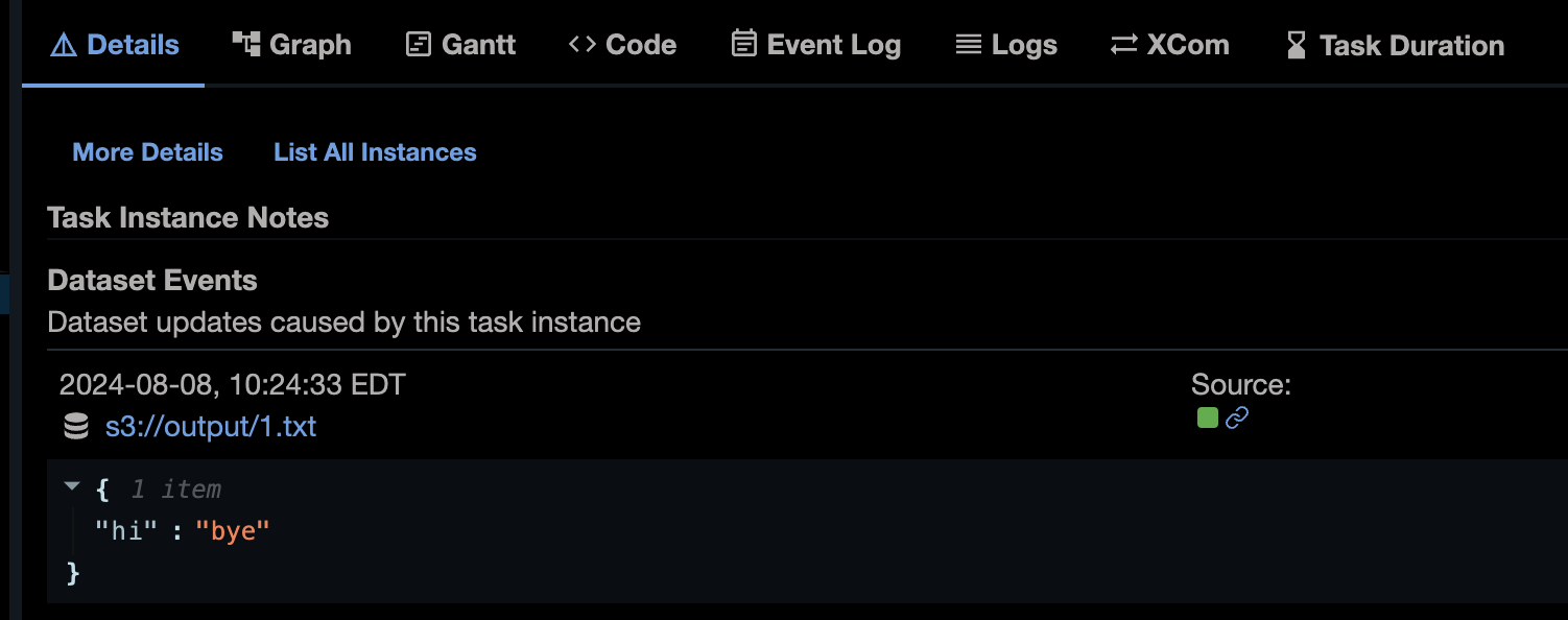 Apache Airflow Datasets Details tab showing Dataset Events and Task Instance notes.