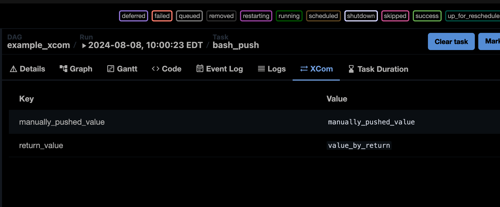 Screenshot of Apache Airflow 2.10 showing the improved XCom display.